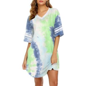 imageEkouaer Womens Nightgown Cotton Sleepwear Short Sleeve Sleep Shirt V Neck Color Block NightshirtTie Dye Green