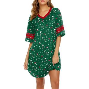 imageEkouaer Womens Nightgown Cotton Sleepwear Short Sleeve Sleep Shirt V Neck Color Block NightshirtZchristmas Green