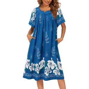 imageEkouaer Womens Nightgown Short Sleeve House Dress with PocketsFloral Print Mumu DressBlue Flower