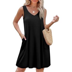 imageEkouaer Womens Nightgown Sleeveless Nightshirt V Neck Chemise Soft Print Night Dress Sleepwear with PocketsBlack