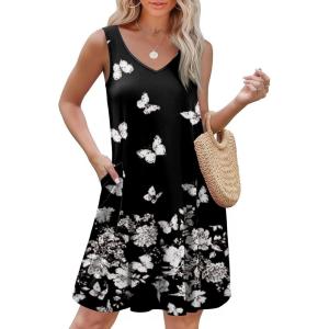 imageEkouaer Womens Nightgown Sleeveless Nightshirt V Neck Chemise Soft Print Night Dress Sleepwear with PocketsBlack With Butterfly