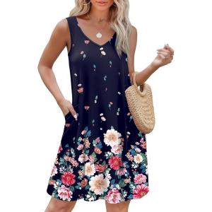 imageEkouaer Womens Nightgown Sleeveless Nightshirt V Neck Chemise Soft Print Night Dress Sleepwear with PocketsBlack With Colorful Flower