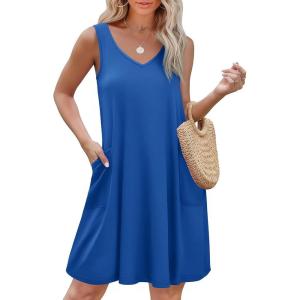 imageEkouaer Womens Nightgown Sleeveless Nightshirt V Neck Chemise Soft Print Night Dress Sleepwear with PocketsBlue