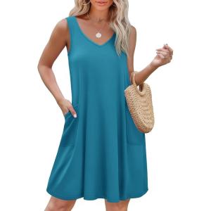 imageEkouaer Womens Nightgown Sleeveless Nightshirt V Neck Chemise Soft Print Night Dress Sleepwear with PocketsBlue Green