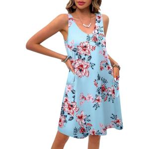 imageEkouaer Womens Nightgown Sleeveless Nightshirt V Neck Chemise Soft Print Night Dress Sleepwear with PocketsBlue With Flower