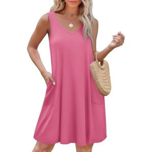 imageEkouaer Womens Nightgown Sleeveless Nightshirt V Neck Chemise Soft Print Night Dress Sleepwear with PocketsDark Pink