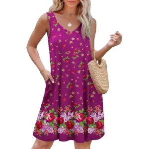 imageEkouaer Womens Nightgown Sleeveless Nightshirt V Neck Chemise Soft Print Night Dress Sleepwear with PocketsDeep Purple Floral