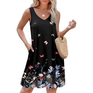 imageEkouaer Womens Nightgown Sleeveless Nightshirt V Neck Chemise Soft Print Night Dress Sleepwear with PocketsFloral Butterfly