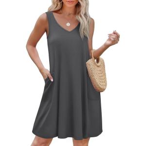 imageEkouaer Womens Nightgown Sleeveless Nightshirt V Neck Chemise Soft Print Night Dress Sleepwear with PocketsGrey