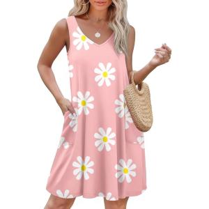 imageEkouaer Womens Nightgown Sleeveless Nightshirt V Neck Chemise Soft Print Night Dress Sleepwear with PocketsPink With Daisy