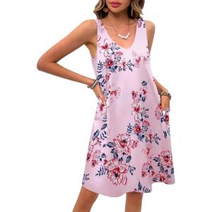 imageEkouaer Womens Nightgown Sleeveless Nightshirt V Neck Chemise Soft Print Night Dress Sleepwear with PocketsPink With Flower