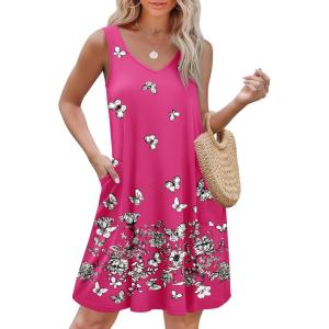 imageEkouaer Womens Nightgown Sleeveless Nightshirt V Neck Chemise Soft Print Night Dress Sleepwear with PocketsRose Red Butterfly