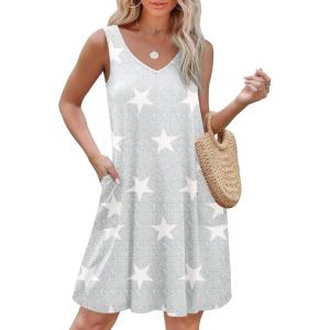 imageEkouaer Womens Nightgown Sleeveless Nightshirt V Neck Chemise Soft Print Night Dress Sleepwear with PocketsStar