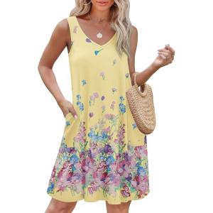 imageEkouaer Womens Nightgown Sleeveless Nightshirt V Neck Chemise Soft Print Night Dress Sleepwear with PocketsYellow Multi Border