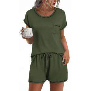 imageEkouaer Womens Pajama Sets 2 Piece Soft Short Sleeve Top and Shorts Sleepwear Round Neck Pjs Lounge Set with PocketsArmy Green