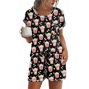 imageEkouaer Womens Pajama Sets 2 Piece Soft Short Sleeve Top and Shorts Sleepwear Round Neck Pjs Lounge Set with PocketsBlack Popcorn
