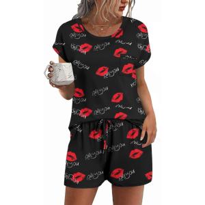 imageEkouaer Womens Pajama Sets 2 Piece Soft Short Sleeve Top and Shorts Sleepwear Round Neck Pjs Lounge Set with PocketsBlackred Lips