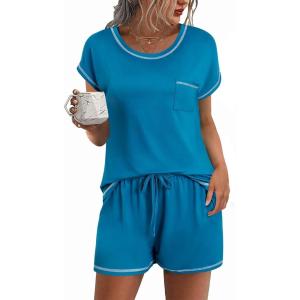 imageEkouaer Womens Pajama Sets 2 Piece Soft Short Sleeve Top and Shorts Sleepwear Round Neck Pjs Lounge Set with PocketsBlue Green