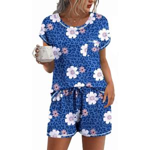 imageEkouaer Womens Pajama Sets 2 Piece Soft Short Sleeve Top and Shorts Sleepwear Round Neck Pjs Lounge Set with PocketsBlue Leopardflowers
