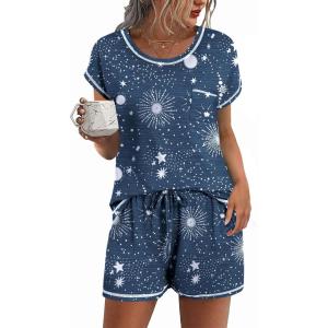 imageEkouaer Womens Pajama Sets 2 Piece Soft Short Sleeve Top and Shorts Sleepwear Round Neck Pjs Lounge Set with PocketsBlue Meteor