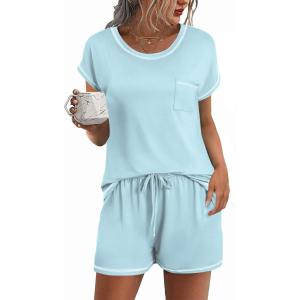 imageEkouaer Womens Pajama Sets 2 Piece Soft Short Sleeve Top and Shorts Sleepwear Round Neck Pjs Lounge Set with PocketsLight Blue