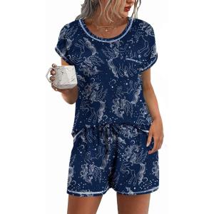 imageEkouaer Womens Pajama Sets 2 Piece Soft Short Sleeve Top and Shorts Sleepwear Round Neck Pjs Lounge Set with PocketsNavy Unicorn