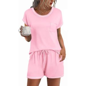 imageEkouaer Womens Pajama Sets 2 Piece Soft Short Sleeve Top and Shorts Sleepwear Round Neck Pjs Lounge Set with PocketsPink