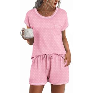 imageEkouaer Womens Pajama Sets 2 Piece Soft Short Sleeve Top and Shorts Sleepwear Round Neck Pjs Lounge Set with PocketsPink Dot
