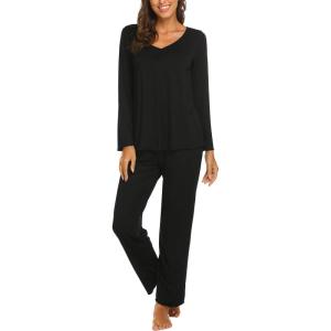 imageEkouaer Womens Pajama Sets V Neck Loungewear Long Sleeve Pj Sets 2 Piece Lounge Sets for Women Soft Sleepwear for All SeasonsA01black