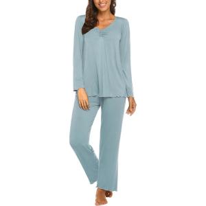 imageEkouaer Womens Pajama Sets V Neck Loungewear Long Sleeve Pj Sets 2 Piece Lounge Sets for Women Soft Sleepwear for All SeasonsAqua Green