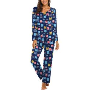 imageEkouaer Womens Pajama Sets V Neck Loungewear Long Sleeve Pj Sets 2 Piece Lounge Sets for Women Soft Sleepwear for All SeasonsBlue Cats