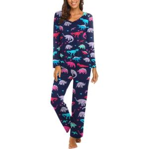 imageEkouaer Womens Pajama Sets V Neck Loungewear Long Sleeve Pj Sets 2 Piece Lounge Sets for Women Soft Sleepwear for All SeasonsBlue Dinosaurs
