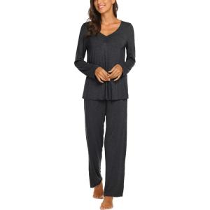 imageEkouaer Womens Pajama Sets V Neck Loungewear Long Sleeve Pj Sets 2 Piece Lounge Sets for Women Soft Sleepwear for All SeasonsDark Gray