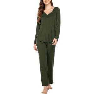 imageEkouaer Womens Pajama Sets V Neck Loungewear Long Sleeve Pj Sets 2 Piece Lounge Sets for Women Soft Sleepwear for All SeasonsDark Green