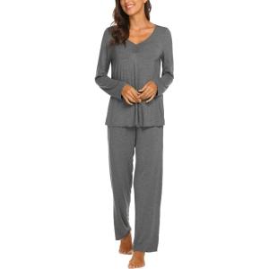 imageEkouaer Womens Pajama Sets V Neck Loungewear Long Sleeve Pj Sets 2 Piece Lounge Sets for Women Soft Sleepwear for All SeasonsGray