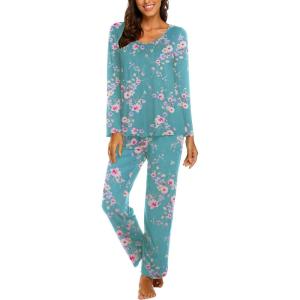 imageEkouaer Womens Pajama Sets V Neck Loungewear Long Sleeve Pj Sets 2 Piece Lounge Sets for Women Soft Sleepwear for All SeasonsGreen Blue Flowers