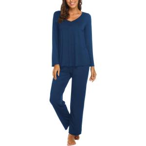 imageEkouaer Womens Pajama Sets V Neck Loungewear Long Sleeve Pj Sets 2 Piece Lounge Sets for Women Soft Sleepwear for All SeasonsNavy Blue
