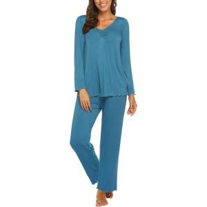 imageEkouaer Womens Pajama Sets V Neck Loungewear Long Sleeve Pj Sets 2 Piece Lounge Sets for Women Soft Sleepwear for All SeasonsPeacock Blue