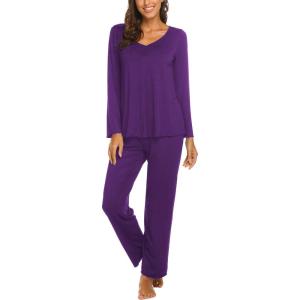 imageEkouaer Womens Pajama Sets V Neck Loungewear Long Sleeve Pj Sets 2 Piece Lounge Sets for Women Soft Sleepwear for All SeasonsPurple