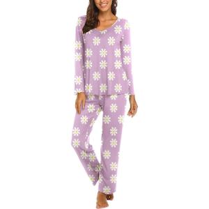 imageEkouaer Womens Pajama Sets V Neck Loungewear Long Sleeve Pj Sets 2 Piece Lounge Sets for Women Soft Sleepwear for All SeasonsPurple Daisy Flowers