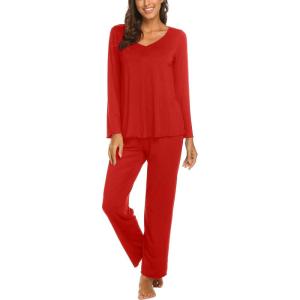 imageEkouaer Womens Pajama Sets V Neck Loungewear Long Sleeve Pj Sets 2 Piece Lounge Sets for Women Soft Sleepwear for All SeasonsRed