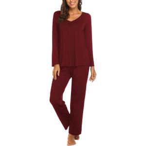 imageEkouaer Womens Pajama Sets V Neck Loungewear Long Sleeve Pj Sets 2 Piece Lounge Sets for Women Soft Sleepwear for All SeasonsWine Red