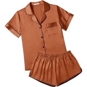 imageEkouaer Womens Silk Satin Pajamas Short Sleeve Sleepwear Soft Button Down Loungewear 2 Piece PJS Shorts Set SXXLCaramel