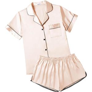 imageEkouaer Womens Silk Satin Pajamas Short Sleeve Sleepwear Soft Button Down Loungewear 2 Piece PJS Shorts Set SXXLChampagne