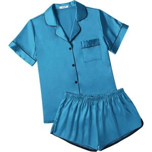 imageEkouaer Womens Silk Satin Pajamas Short Sleeve Sleepwear Soft Button Down Loungewear 2 Piece PJS Shorts Set SXXLDark Blue