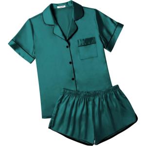 imageEkouaer Womens Silk Satin Pajamas Short Sleeve Sleepwear Soft Button Down Loungewear 2 Piece PJS Shorts Set SXXLDark Green