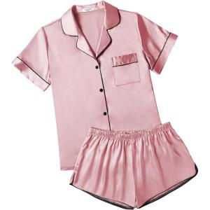 imageEkouaer Womens Silk Satin Pajamas Short Sleeve Sleepwear Soft Button Down Loungewear 2 Piece PJS Shorts Set SXXLDark Pink