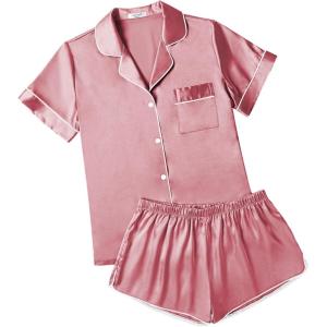 imageEkouaer Womens Silk Satin Pajamas Short Sleeve Sleepwear Soft Button Down Loungewear 2 Piece PJS Shorts Set SXXLDusty Rose