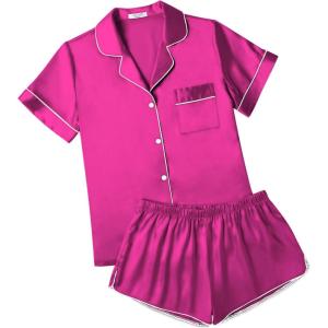imageEkouaer Womens Silk Satin Pajamas Short Sleeve Sleepwear Soft Button Down Loungewear 2 Piece PJS Shorts Set SXXLHot Pink
