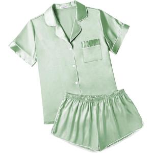 imageEkouaer Womens Silk Satin Pajamas Short Sleeve Sleepwear Soft Button Down Loungewear 2 Piece PJS Shorts Set SXXLIce Green